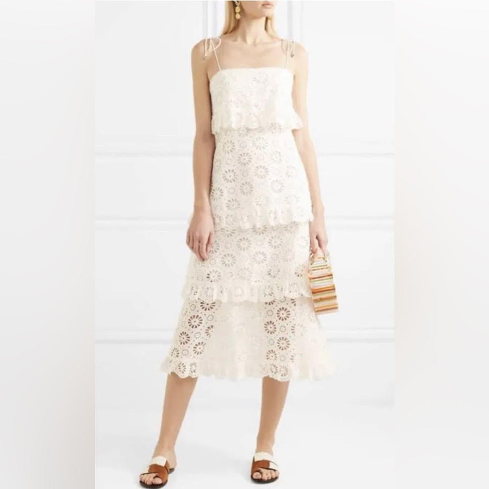 Zimmermann White Eyelet Cotton Scalloped Trim Tiered Midi Lumino Dress S